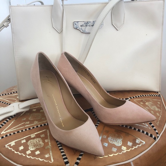 blush suede pumps